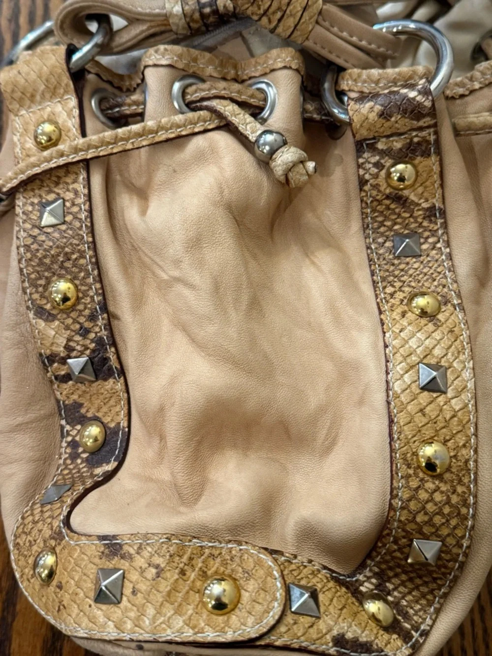 Mania Italy Tan Leather Python Trim Hobo Bag Silver Ring Gold Stud Y2K Boho